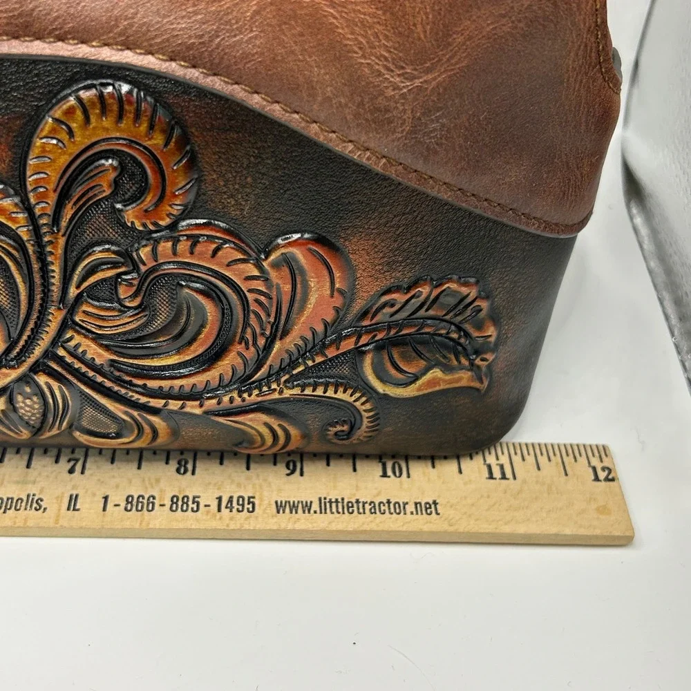 Floral Embossed Brown Faux Leather Doctor Bag Satchel Bamboo Handle Western Boho